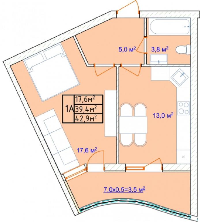 Этаж 4-й, в 23 этажной секции, общая площадь квартиры 49,5 кв.м., вдоль всей квартиры большой балкон с выходом на кухню и в жилую комнату